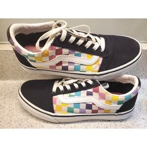 VANS Old Skool Skate Shoes Checkered Rainbow & Blk Canvas Low Lace Ups W 8